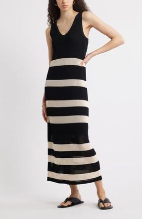 Nordstrom Sleeveless Open Stitch Maxi Sweater Dress in Black- Ivory Stripe at Nordstrom Rack, Size Xx-Large