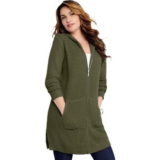 Roaman's Waffle Mega Length Zip Hoodie in Dark Olive Green at Nordstrom, Size 20