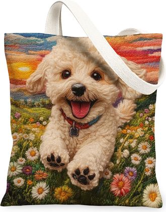 Generic Spring American Cocker Spaniel Dog Canvas Tote Bag for Shopping 13x15, Knitting Style Garden Puppy Reusable Grocery Print Bag for Women, Fun Pet Beach