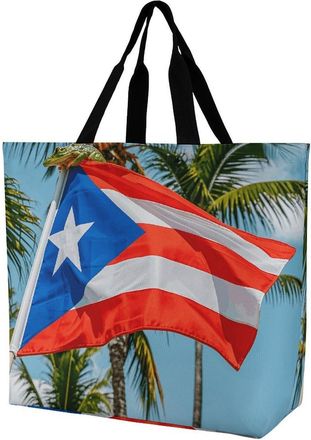 Generic Puerto Rico Flags Frog Palm Trees Shopper Bag Handle Grocery Bag Waterproof Shopping Bags For Travel Daily Use Yoga