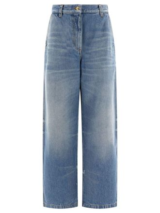 Palm Angels Light Blue High-Waisted Wide Jeans With Logo In Denim Woman