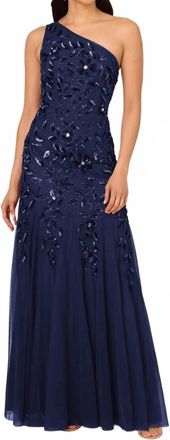 Adrianna Papell Floral Beaded Long Mermaid Gown In Light Navy