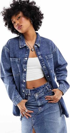 Noisy May oversize denim shirt in mid wash blue