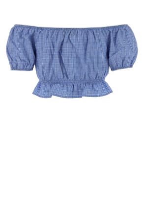 Miu Miu Embroidered Poplin Off-Shoulder Blouse - Blue