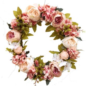 OEM Corona Floral Artificial De Peon&iacute;as Y Enredadera Natural, Ideal Para Decorar Puertas Interiores Y Exteriores