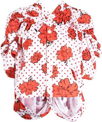 Comme Des Gar&ccedil;ons x Shun Sudo printed ruffle-detail shirt - women - Cotton - S - White