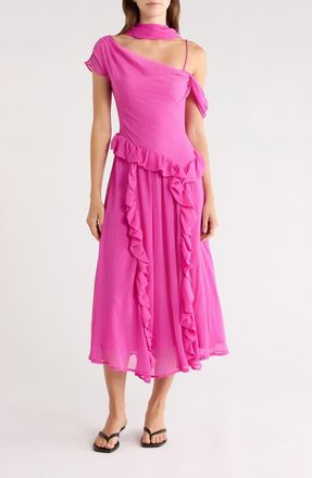Damson Madder Moxie Ruffle Asymmetric Midi Dress in Fushia at Nordstrom, Size 16 Us