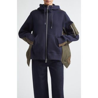 sacai Sponge Sweat x Nylon Twill Full Zip Hoodie in Navy/Dark Khaki at Nordstrom, Size 1