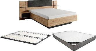 Vente-Unique Cama con mesitas de noche 140 x 190 cm - Con LEDs - Color: Natural y antracita + Somier + Colch&oacute;n - ELYNIA