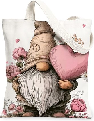 Generic ValentineS Gnome Tote Bags, Cute Heart Floral Pattern Reusable Bags, Lightweight Washable Canvas for Shopping Travel Beach, White, 13x15 Inch