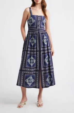 ZOE AND CLAIRE Grid Print Sleeveless Cotton & Linen Midi Dress in Navy at Nordstrom, Size X-Large
