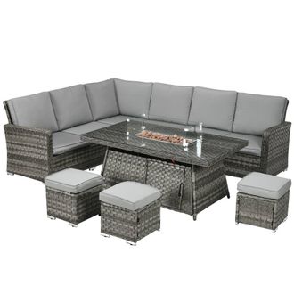 Matteo Seven-Piece Grey Rattan Firepit Table Garden Sofa Set