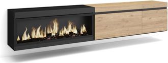 Skraut Home Mueble tv efecto madera roble negro 237x35x45cm chimenea efecto fuego