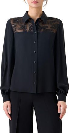 Akris Sequin Yoke Silk Crepe Button-Up Shirt in Black at Nordstrom, Size 10