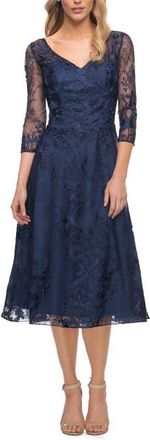 La Femme Stylish Tea Length Mother of the Bride Dress with Sleeves in Navy at Nordstrom, Size 10