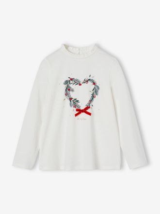 Vertbaudet M&auml;dchen Shirt mit Weihnachtskranz, Recycling-Baumwolle wollwei&szlig;