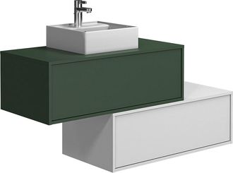 Vente-Unique Mueble flotante de ba&ntilde;o en verde y blanco con lavabo individual y dos cajones - 94 cm - TEANA II