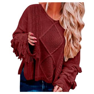 Generic Womens Pullover Sweaters, Warm Sweater For Women, Fashion Frilly Sleeve Knit Top, Pure Color Hollow Out Knitted Jumper Loose V Neck Jumpers Autumn Lon