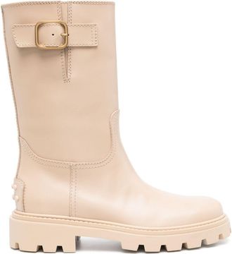 Tod's buckle-detail leather boots - women - Calf Leather/Rubber/Calf Leather - 39.5 - Neutrals