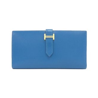 Herm&egrave;s Blue Tadelakt Leather Long Wallet (Bi-Fold) (Pre-Owned)