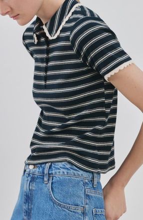 Mango Stripe Scallop Collar Polo in Navy at Nordstrom, Size X-Small