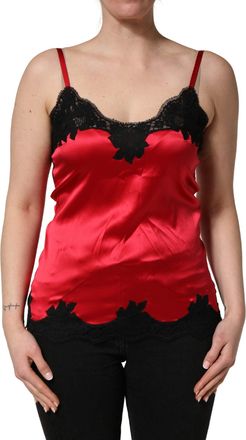 Dolce & Gabbana Womens Red Silk Lace Trim Camisole Sleeveless Tank Top Black And Elastane