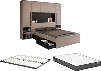 Vente-Unique Cama con compartimentos 160 x 200 cm - Con LEDs - Color: natural y negro + Somier + colch&oacute;n - VELONA