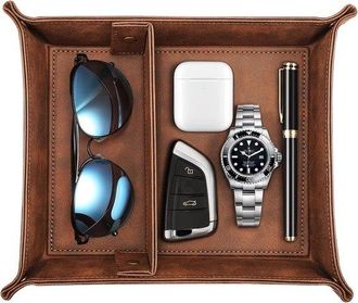 OEM Bandeja Organizadora De Piel Sint&eacute;tica Con 2 Compartimentos Para Monedas, Llaves, Cartera Y Accesorios (marr&oacute;n)