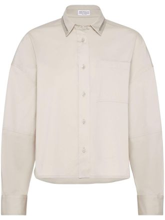 Brunello Cucinelli appliqu&eacute;-detail long-sleeve shirt - women - Elastane/Polyamide/Cotton - L - Neutrals