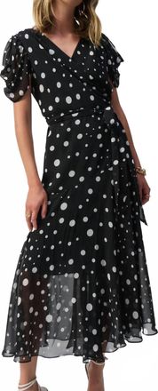 Joseph Ribkoff Chiffon Dot Print Wrap Dress In Black/vanilla
