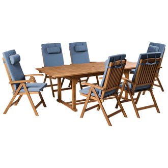 Beliani Conjunto De Comedor Exterior 6 Plazas De Madera De Acacia Sillas Plegables Con Cojines Azules Java Premium