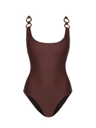 Change of Scenery Chloe Tank Ring Trim One-Piece Swimsuit in Cacao/gold Metallic at Nordstrom, Size Small