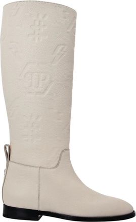 Philipp Plein Leren Laarzen Lo-Heels Mid Monogram - Dames - Hoge Laarzen - Beige - 35 EU - Leer - Schoenen