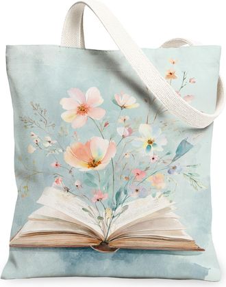 Generic Floral Canvas Tote Bags, Artistic Flower Design Reusable Grocery Bags, Vintage Lightweight Washable Shoulder Strap Canvas F, Blue, 13x15 Inch