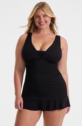 Lands End Plus Size SlenderSuit Grecian Mini Swim Dress in Black at Nordstrom, Size 16W