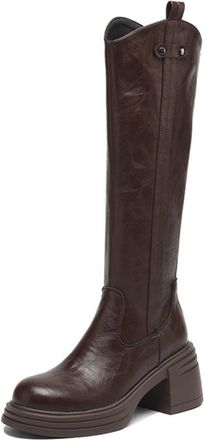 Generic Womens Round Toe Knee High Boots PU Leather Knight Boots with Zipper Block Heel Casual Long Boot,Brown,6.5 UK