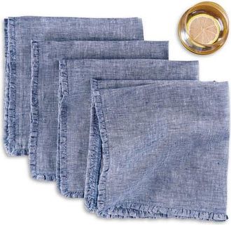 Solino Home Linen Dinner Napkins Set of 4, 20 x 20 Inch for Dining Table, Holiday and Everyday Table Decor - Juliette Ruffle in Chambray Indigo at