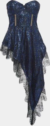 Self Portrait Blue/black Crepe Sequin Lace Trim Top