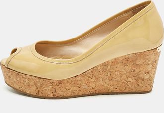 Jimmy Choo London Beige Patent Leather Cork Wedge Papina Pumps
