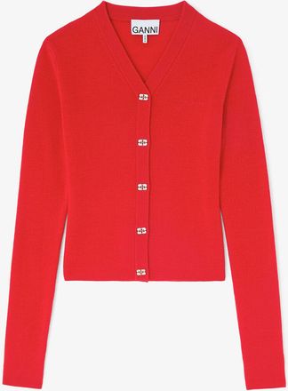 Ganni Goji Berry Cardigan in Red Merino - Size XXS Wool