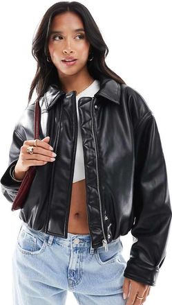 Asos Petite ASOS DESIGN Petite clean leather look bomber jacket in black