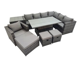 Fimous 10 Seater Rattan Corner Sofa Sets with Chair 3 Stools Side Table in Dark Grey