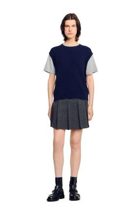 Sandro Dual-material knit sweater in Navy /Grey at Nordstrom, Size X-Small