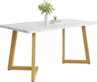 STILVORA Mesa De Comedor Rectangular En Mdf Con Motivo Marmoleado Y Patas De Metal - 117&times;68 Cm, Blanco Y Dorado
