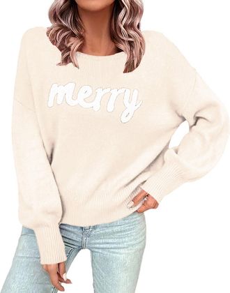 Generic Womens Merry Christmas Sweaters Turtleneck Batwing Long Sleeve Letter Embroidery Loose Knitted Pullover Xmas Sweater Beige