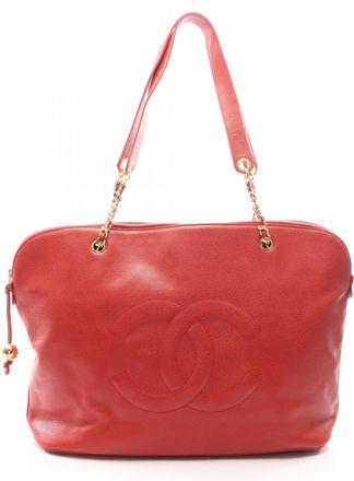 Chanel Red Color Grained Calfskin Handbag Tote Bag (Pre-Owned)