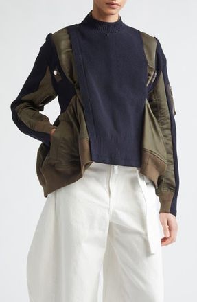 sacai Mixed Media Bomber Jacket with Sweater Bib Overlay in Dark Khaki/Navy at Nordstrom, Size 2