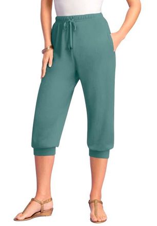 Roaman's Plus Size Soft Knit Capri Pant With Drawstring Waist in Cool Sage at Nordstrom, Size Medium