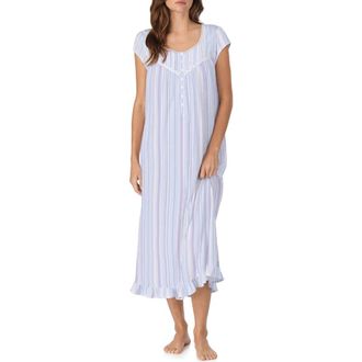 Eileen West Cap Sleeve Cotton Nightgown in Multi Stripe Blue at Nordstrom, Size X-Small