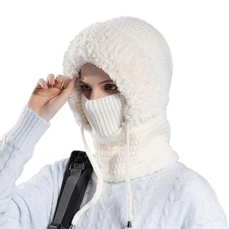 Generic 3 in 1 Beanie Hat for Women,3 in 1 Beanie Hat with Scarf and Mask,Cold Resistant Knit Hooded Scarf and Neck Warmer (White)